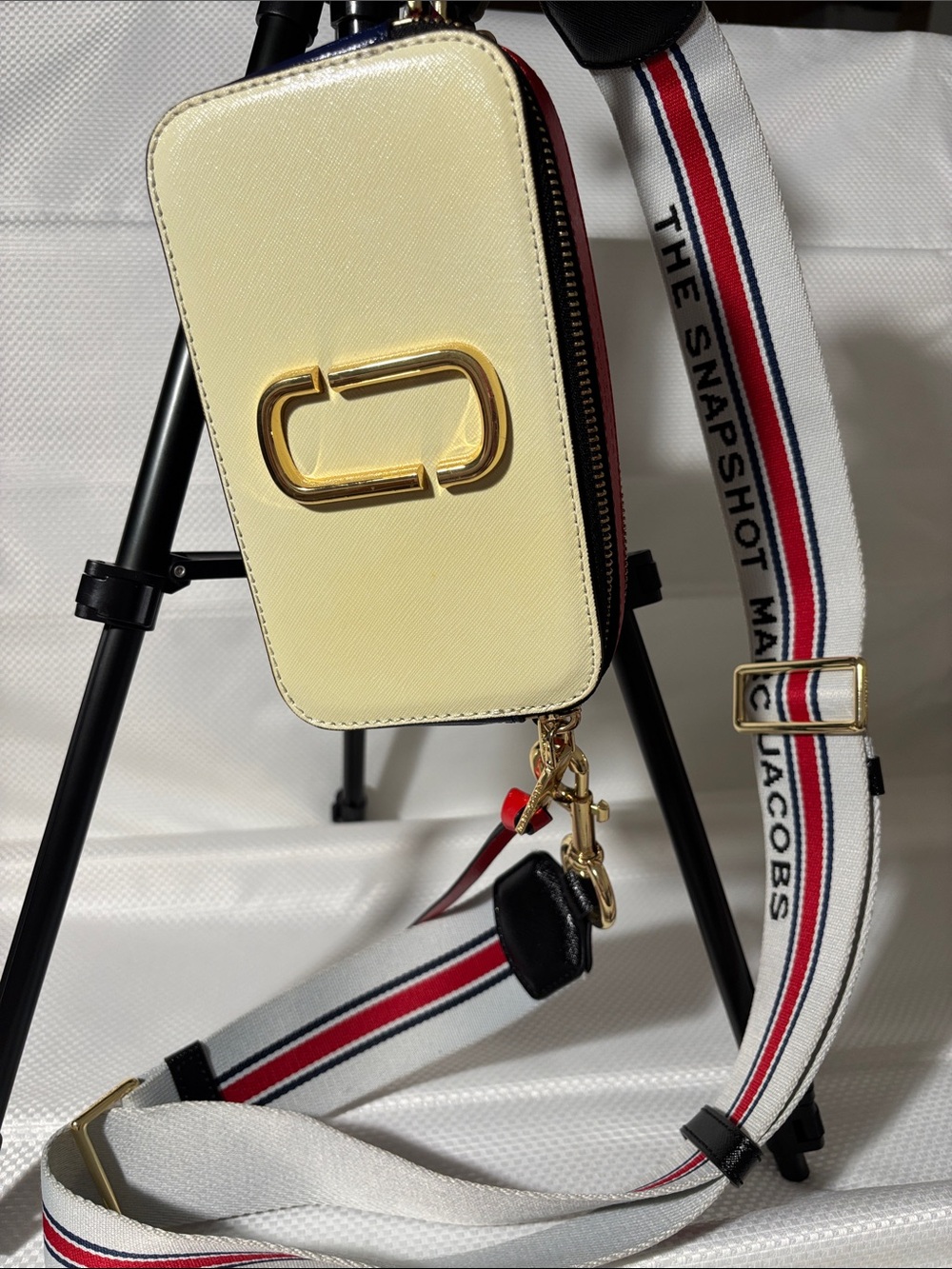 Marc Jacobs Pale Yellow Saffiano Snapshot Crossbody with Striped Webbing Strap